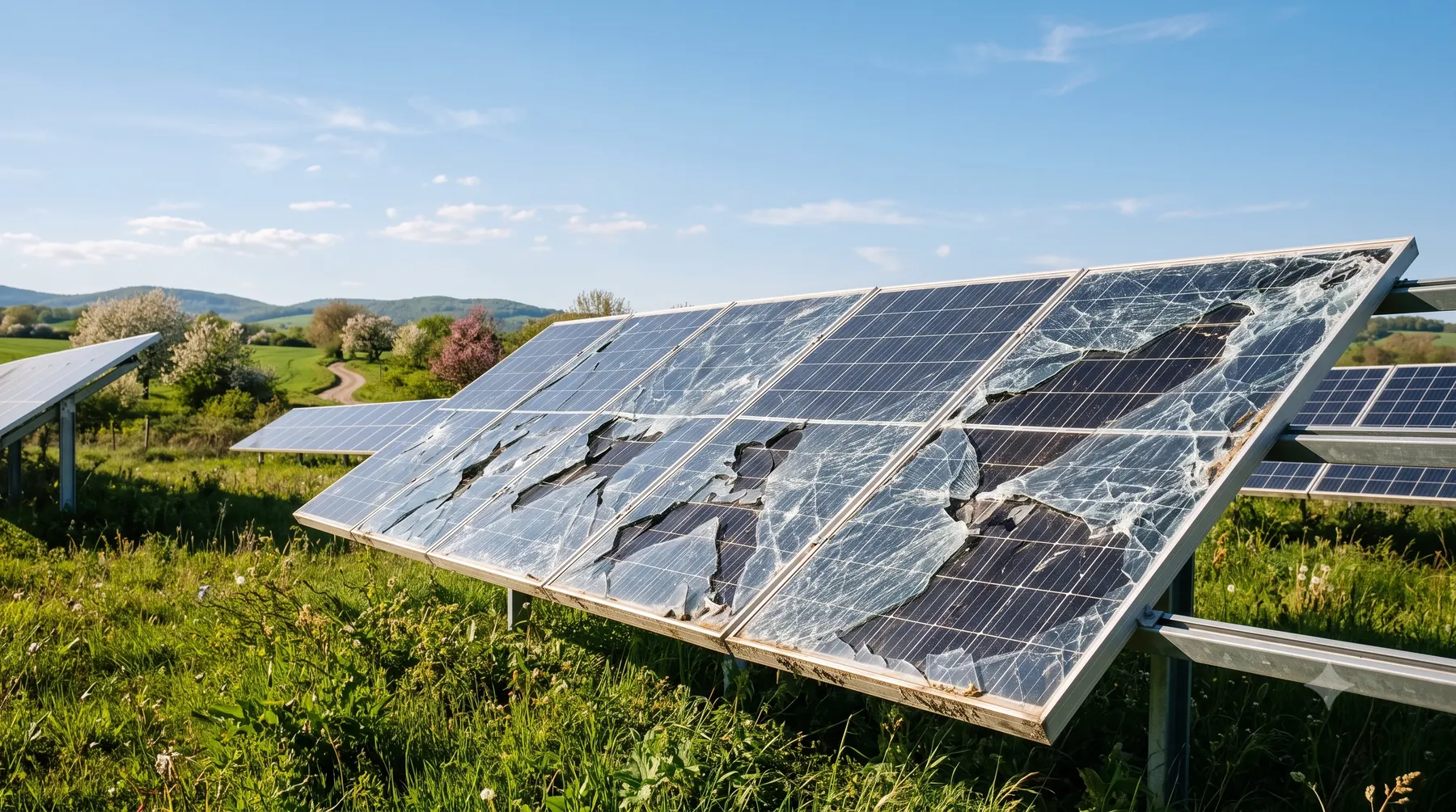 A row of solar panels in a green field with shattered front-glass and delaminating cells — modules at end of life