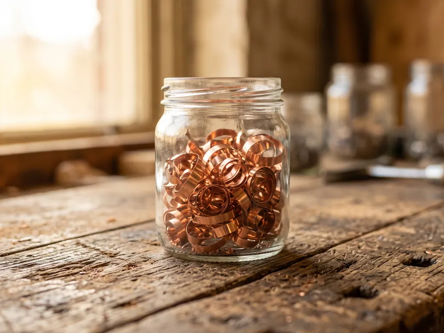 Coils of recovered copper wire in a glass jar